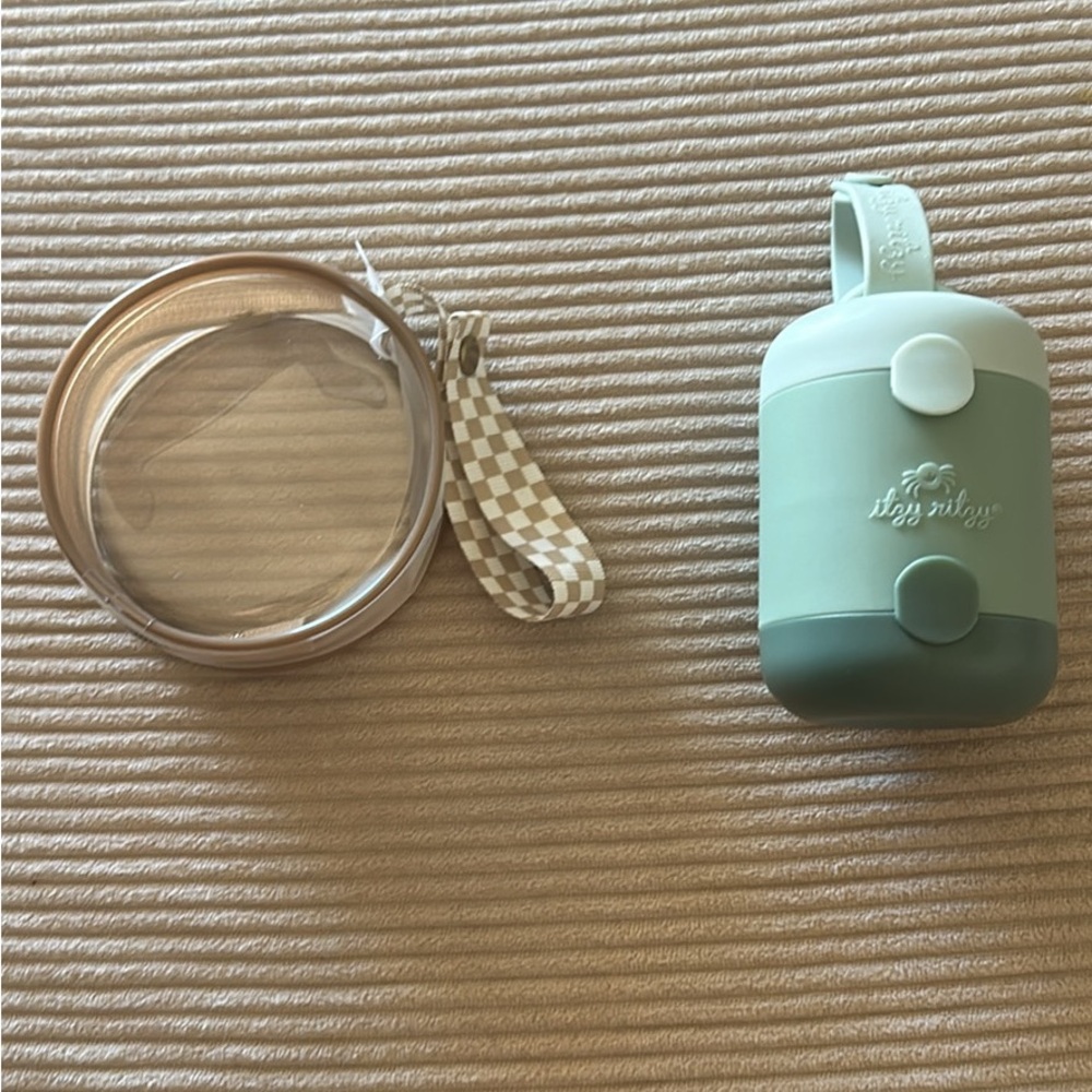 Portable Pacifier Travel Case in Mint Green and Khaki.